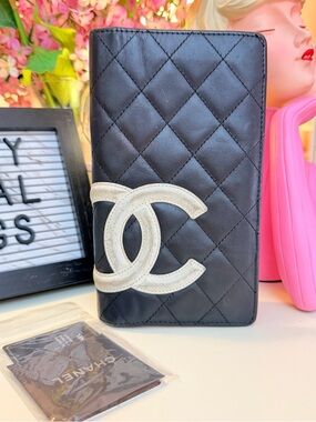 CHANEL Cambon Line Coco Mark Bifold Long Wallet Quilted Leather Black Pink White